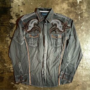 LARGE Grey and Orange Y2k ROAR long sleeve button up shirt